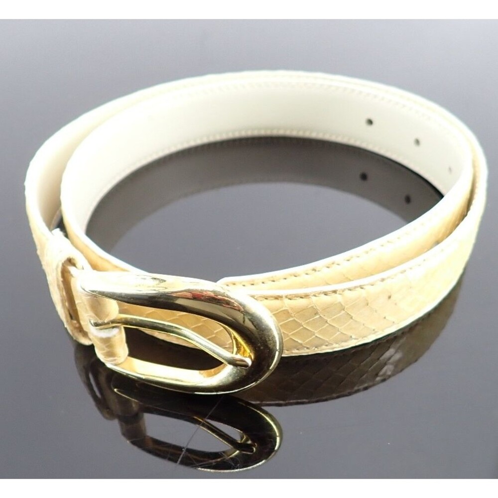 Yellow Snake Skin Leather Belt Gold Buckle Adjustable up to 34" long 1" wide Vtg